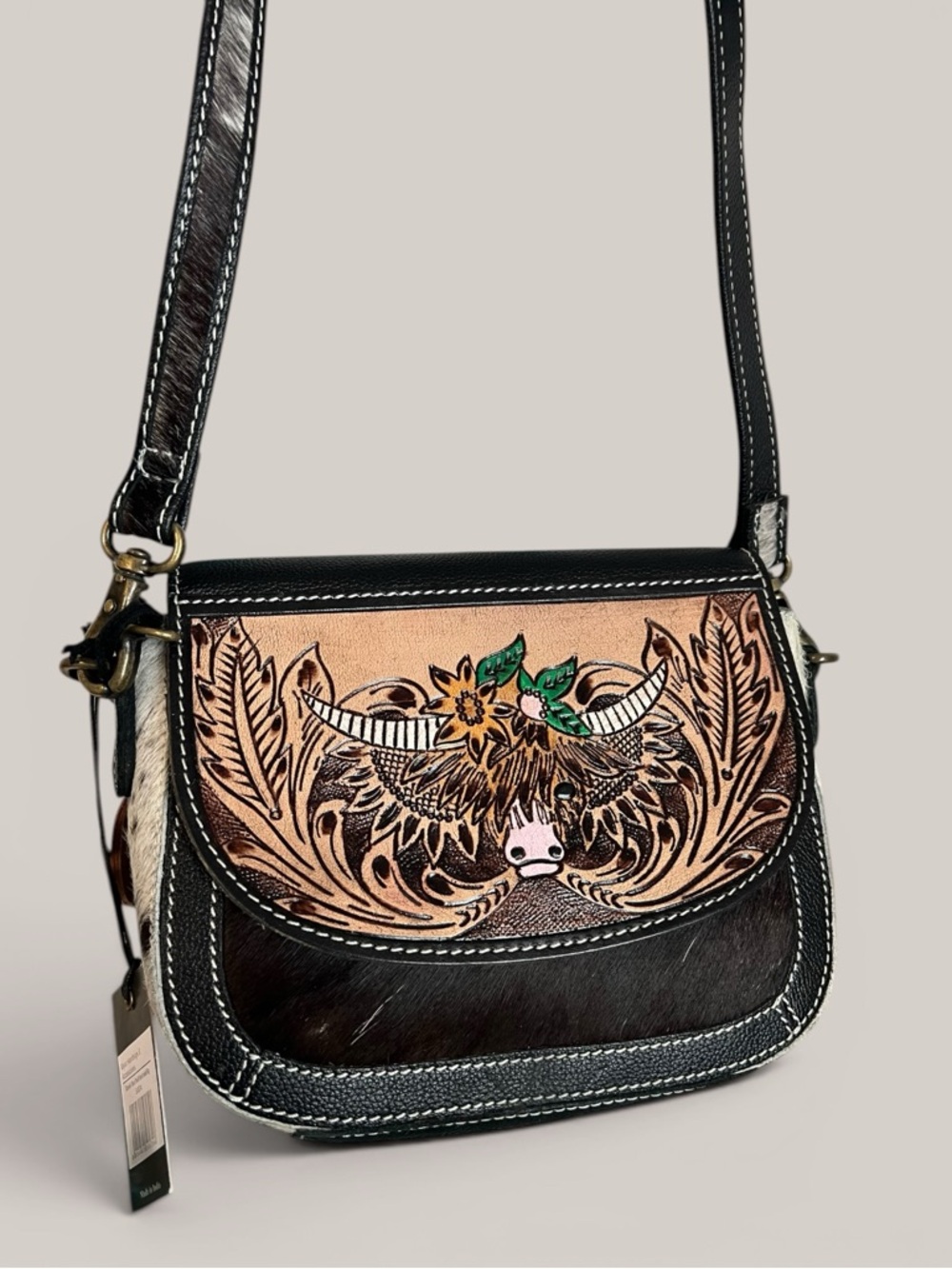 Myra Bag Tooled Leather Cowhide Crossbody Western Floral Purse Boho Cowgirl